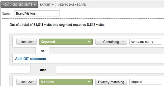 Advanced segment set up for 'Brand Visitors' from search engines
