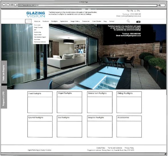 A homepage wireframe for the new Glazing Vision website. 